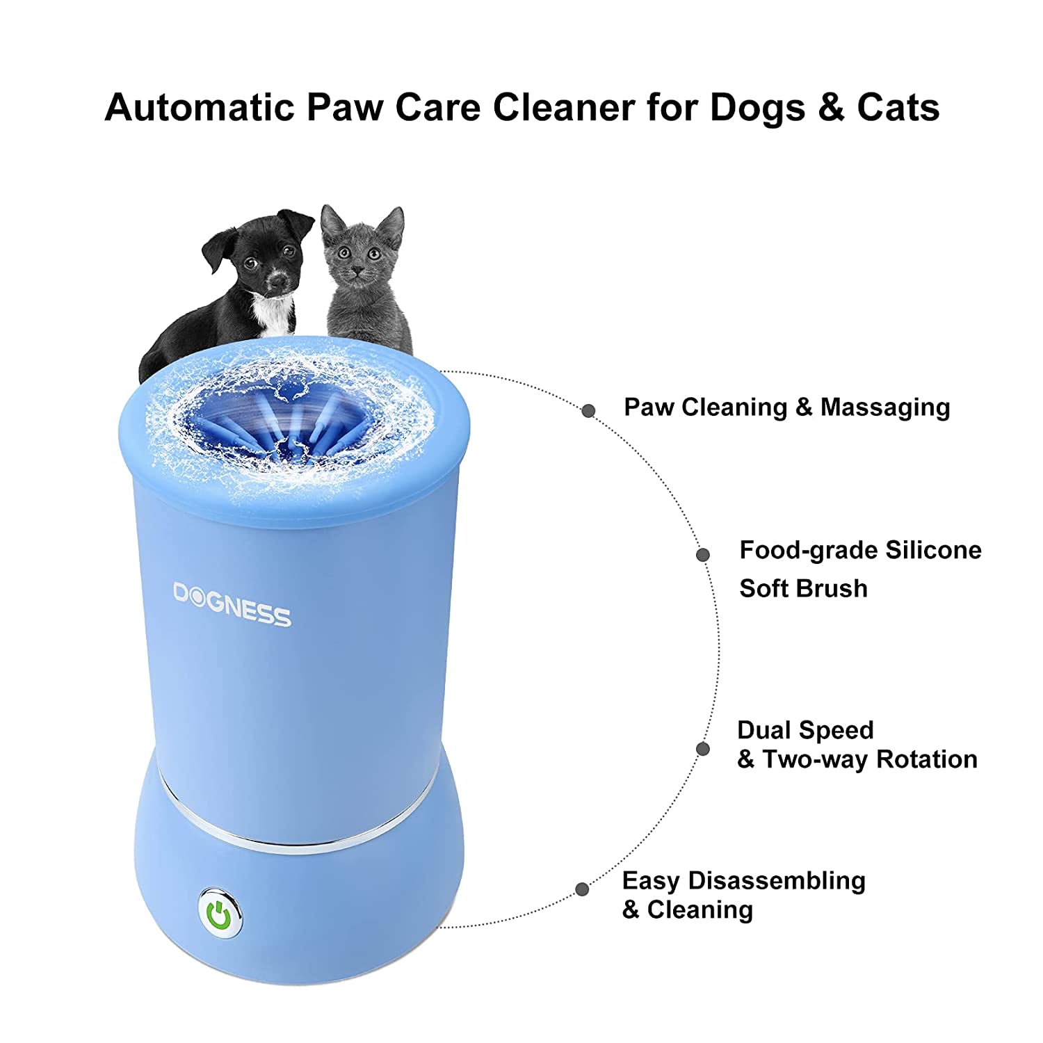 Automatic Dog Paw Cleaner, Portable Dog Foot Washer, 2-In-1 Paw Cleaner with Soft Silicone Grooming Brush, One-Hand Operation, Dual-Speed Cleaning, Design for Small & Medium Dog Breed (Blue)